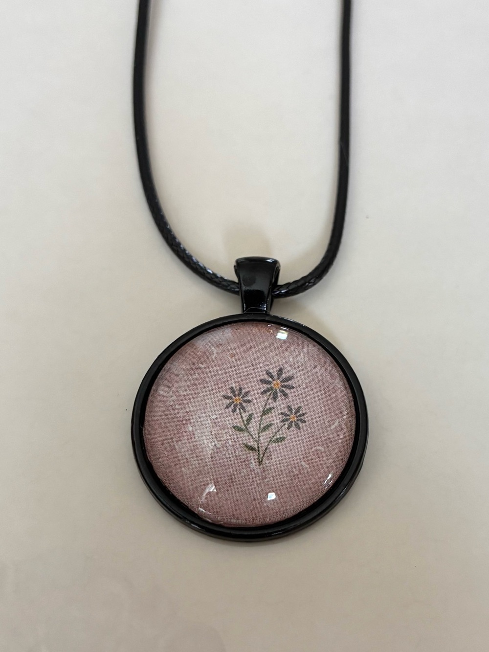 Handmade Black Cord Pendant Necklace with Lilac Floral Inlay